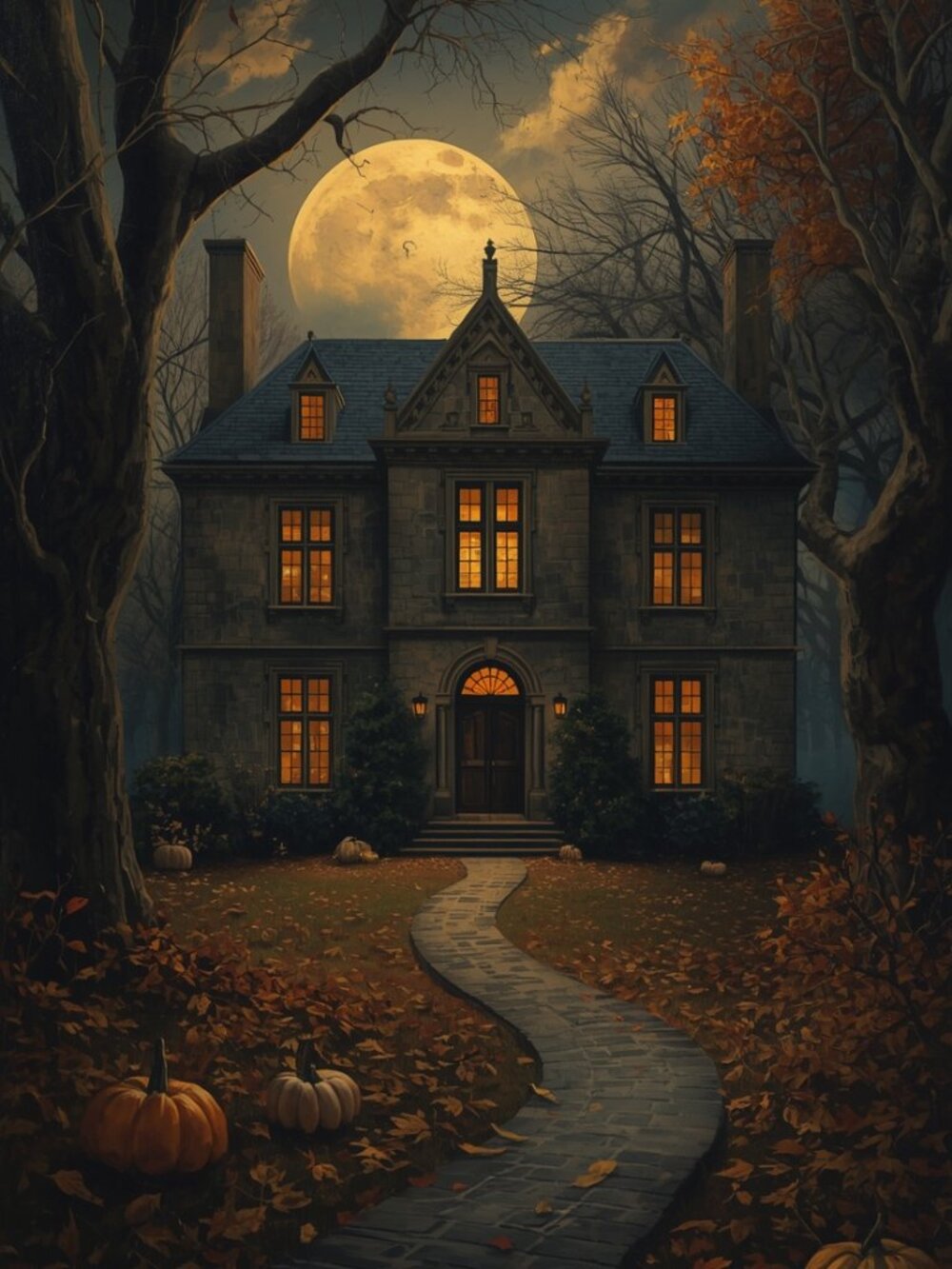 Spooky Autumn Manor Art- Halloween Decor